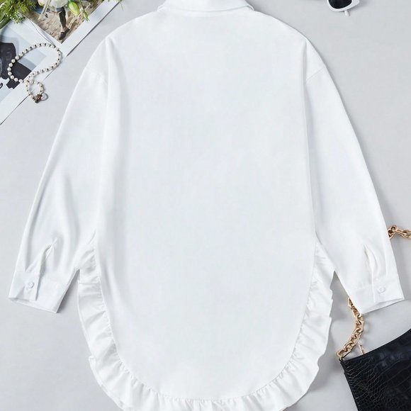 White Casual Women's Solid Color Ruffle Trim Decor Button Front Blouse - Picture 2 of 5